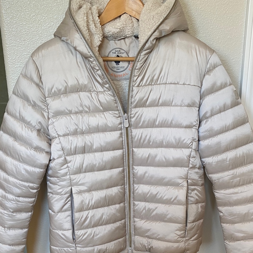 Save The Duck, Cream Fleece lined Puffer Jacket with Hood.